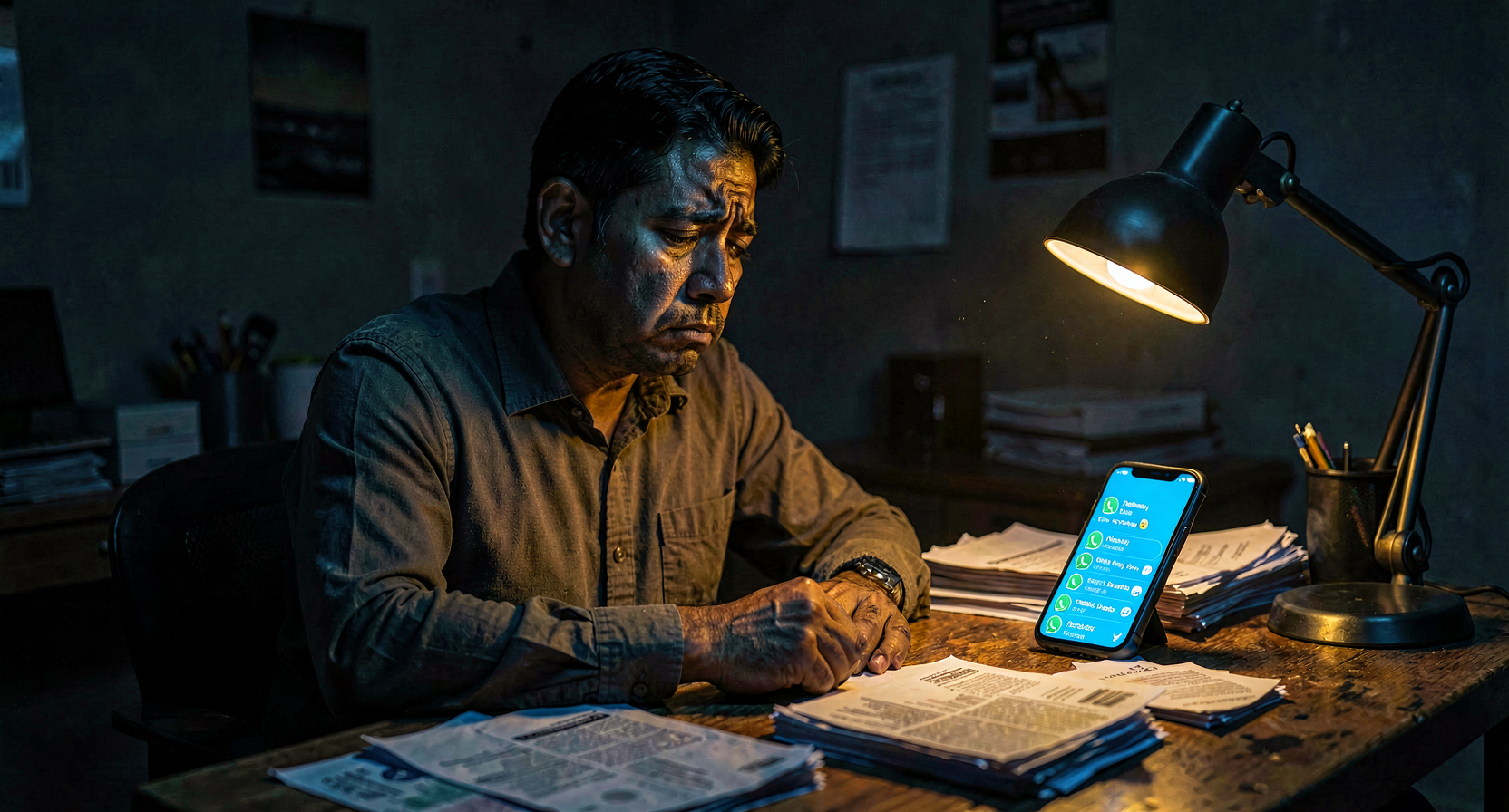 Mexican SMB owner working alone at night in his office, surrounded by papers — the reality of business survival mode